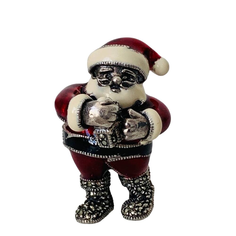 Vintage JUDITH JACK JJ Sterling Silver Enamel Santa Claus Marcasite Brooch Pin
